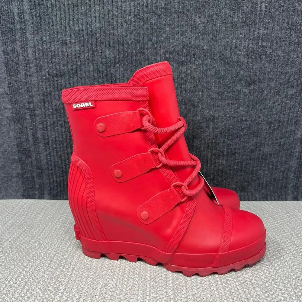 NEW Sorel Joan Rain Wedge Rubber Boots Red Lace Up Womens 7.5 NL2442-622